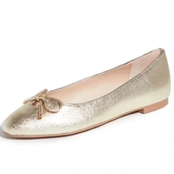 Stuart Weitzman Gabby Flats Gold Platino Ballet Leather Bows Classic NWT 7.5 - Picture 2 of 12